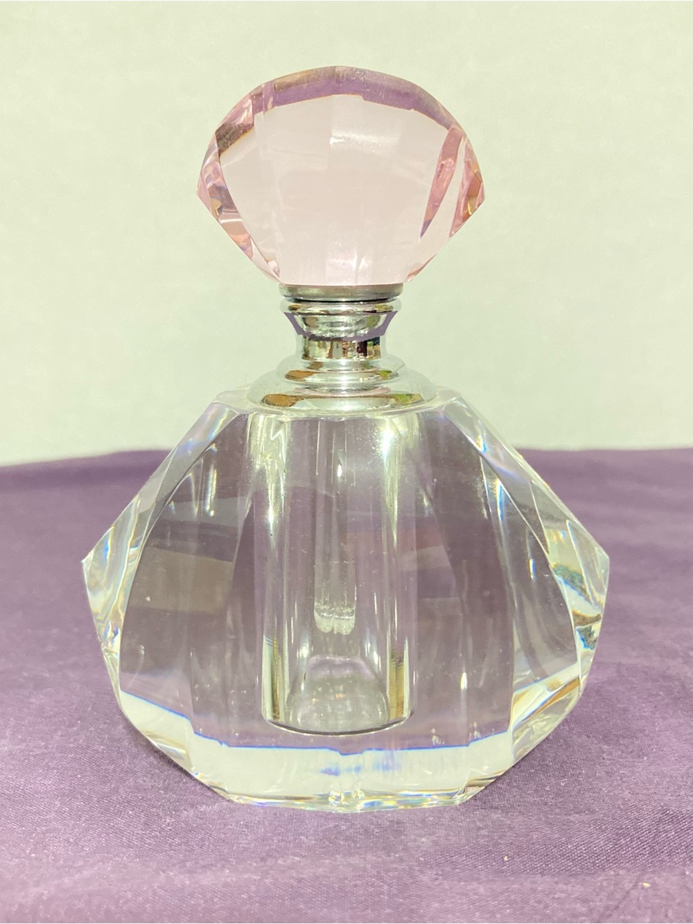 Vintage Simon Designs Crystal Glass Perfume Bottle with Pink Faceted Stopper